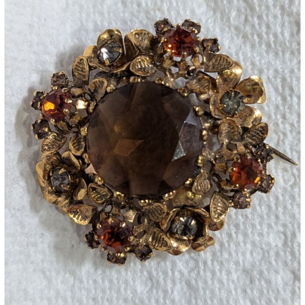 Vintage  Brooch‎ Smoky Glass Center & Rhinestones Floral Design 2" Austria